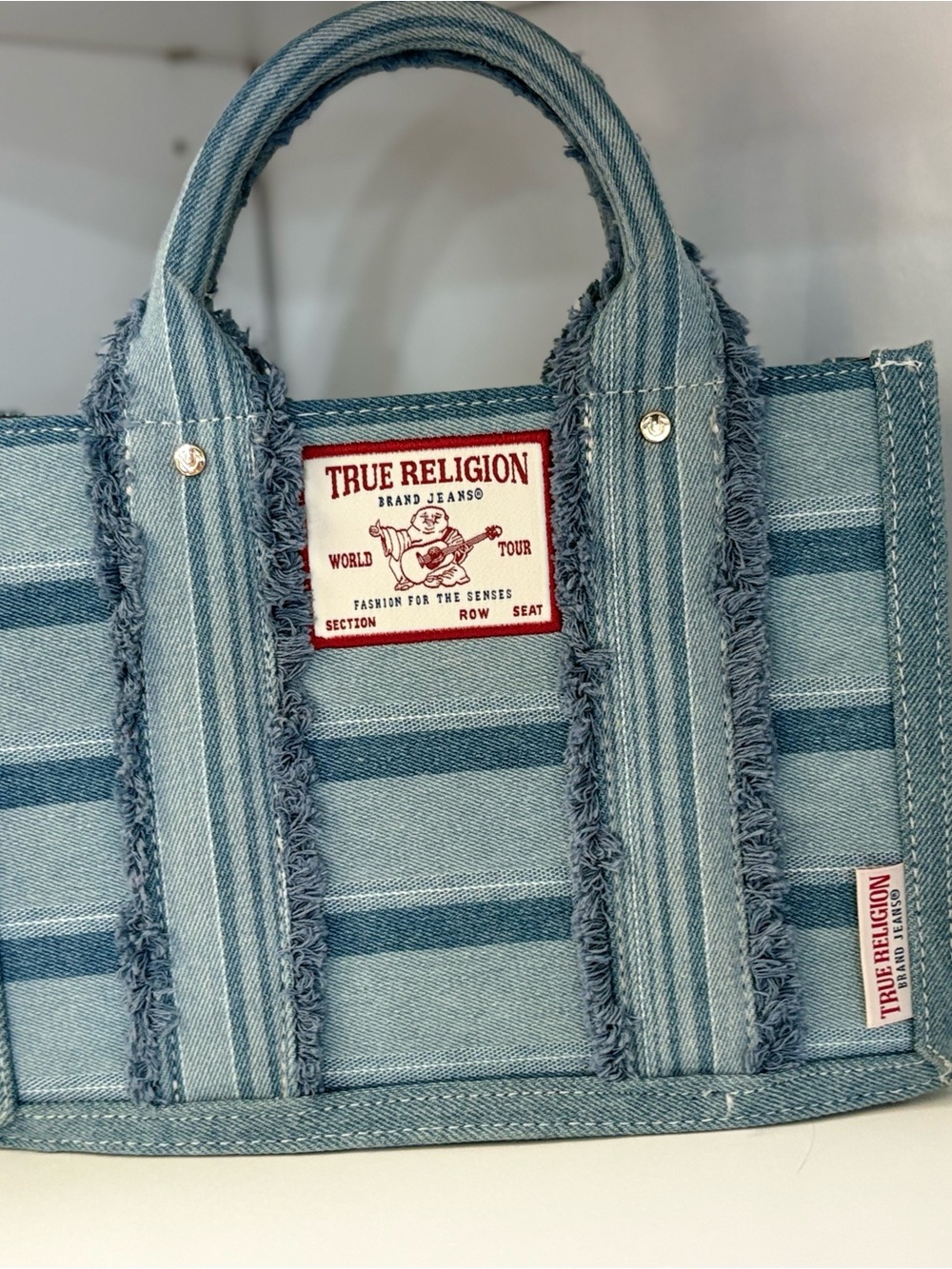 True Religion Blue Striped Denim Frayed Tote
